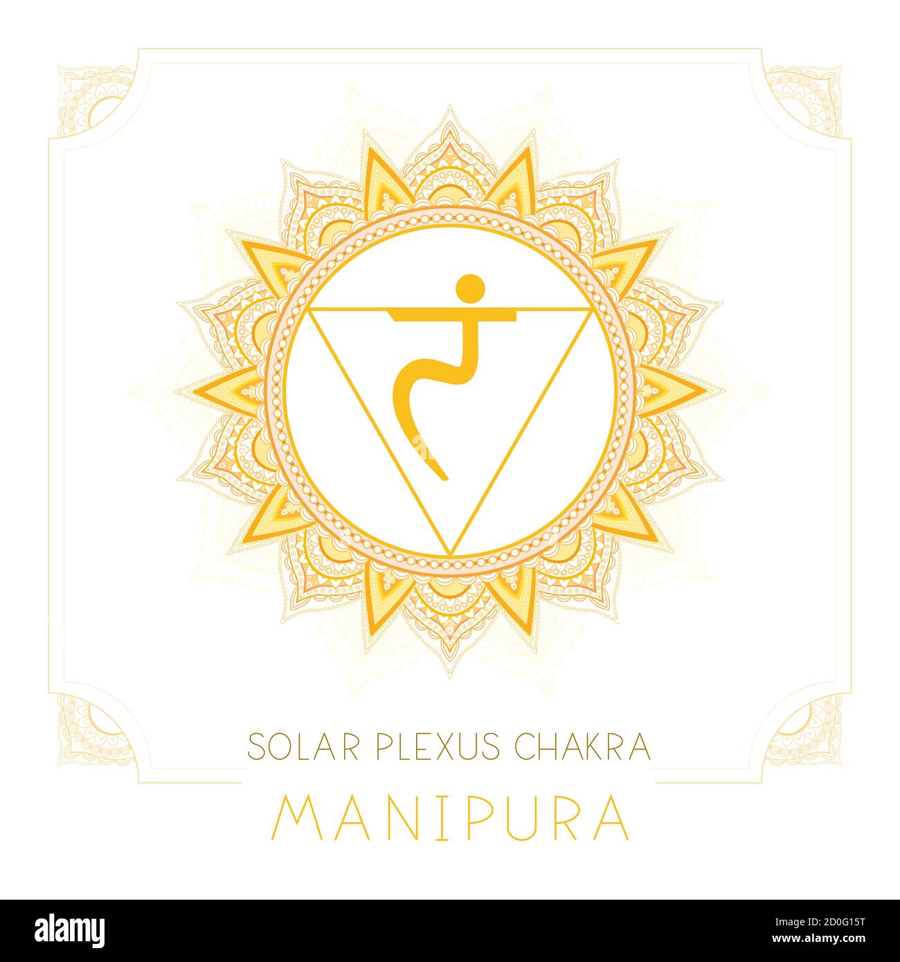 Illustrazione vettoriale con il simbolo Manipura - Solar Plexus chakra e cornice decorativa su sfondo bianco. Modello di mandala rotondo e letterina disegnata a mano Illustrazione Vettoriale