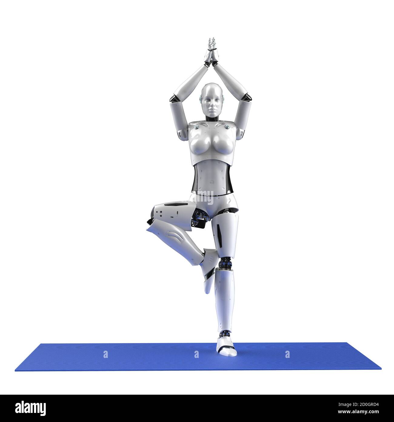 3d rendering femmina cyborg do yoga su tappetino Foto Stock