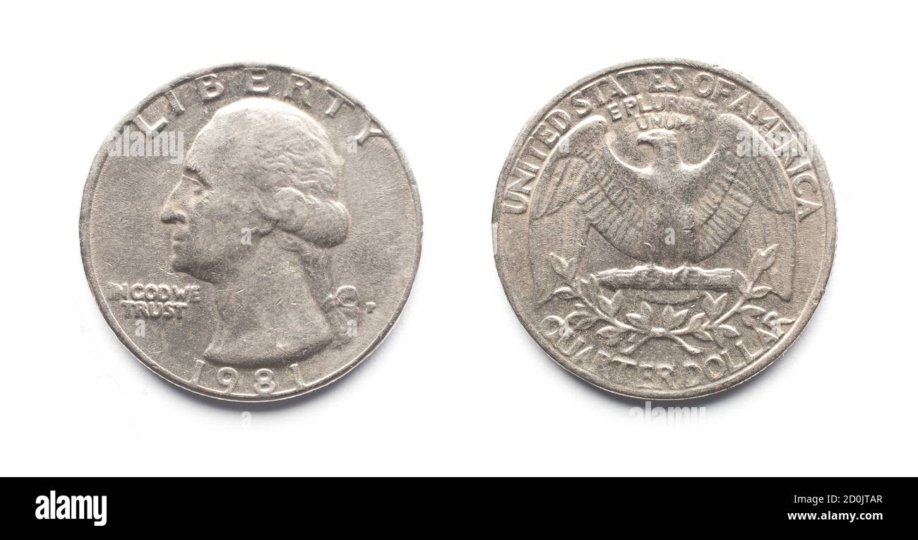 Una vecchia moneta da un quarto di dollaro isolata su sfondo bianco Foto Stock