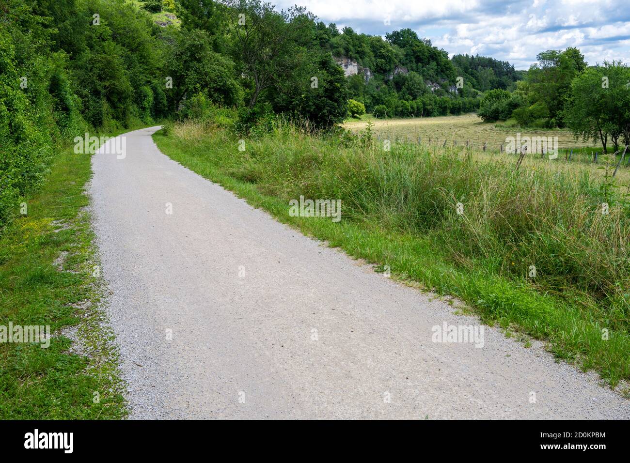 Idilliaco sentiero nella valle dell'Altmuehltal (Baviera, Germania) Foto Stock