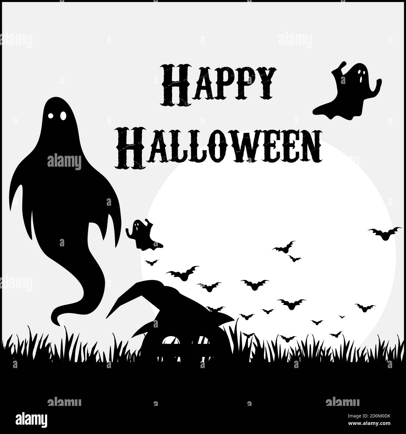 Illustrazione eccezionale di una scena infestata per Halloween felice con fantasmi, pipistrelli, e una zucca spaventosa con cappello male Foto Stock
