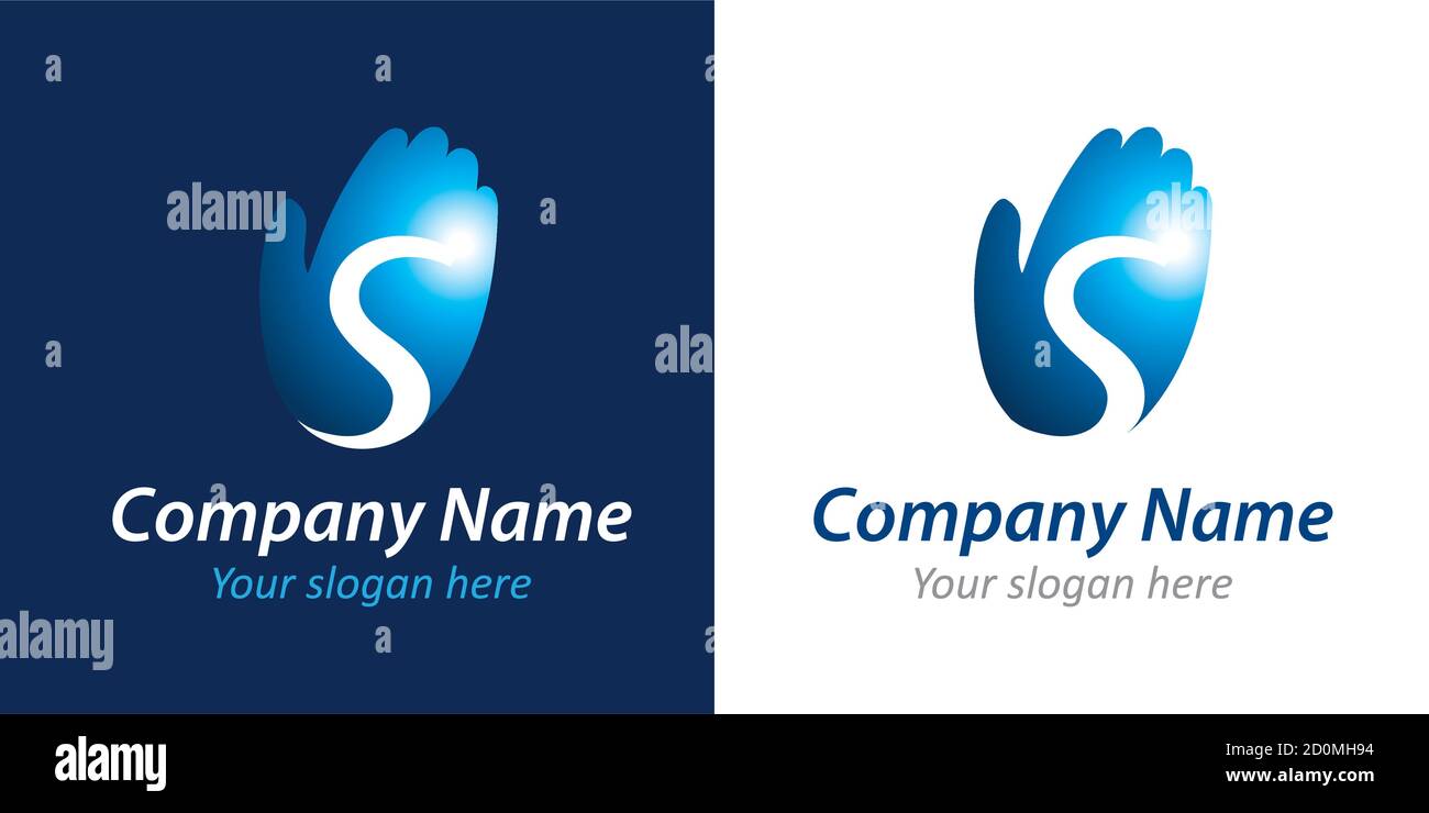 Logo vettoriale aziendale di successo. Lettera S splendente sul cartello con il palmo della mano. Icona Business. Crescita, aumento, sviluppo, evoluzione, progresso, partnership. Illustrazione Vettoriale
