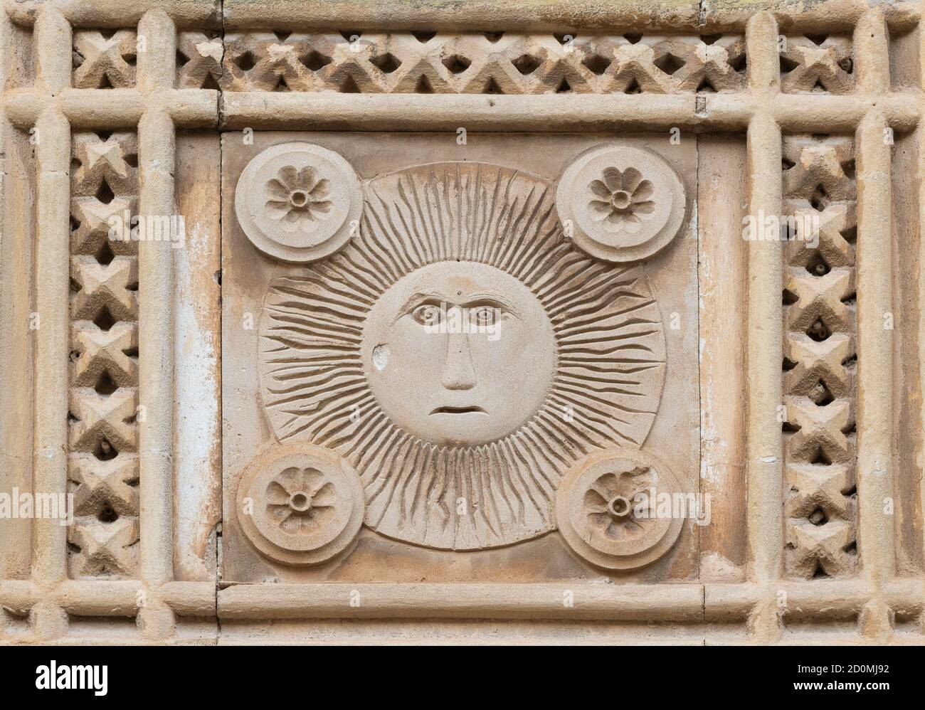 Simboli massonici su un casale/casa in pietra in Spagna. Foto Stock