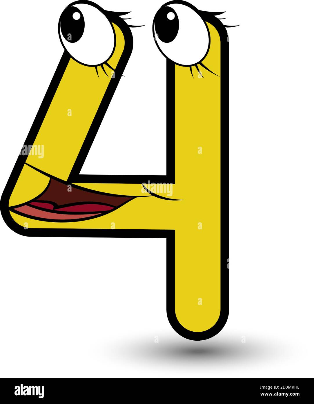 Divertente carattere disegnato a mano in stile cartoon colorato giallo numero quattro con faccia sorridente vettore alfabeto illustrazione isolato su bianco. Buono per i bambini imparare Illustrazione Vettoriale