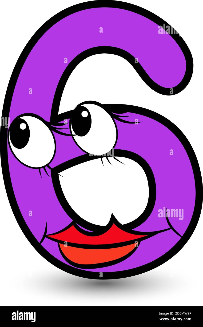 Divertente carattere disegnato a mano stile cartoon colorato viola numero sei con volto sorridente vettore alfabeto illustrazione isolato su bianco. Ottimo per i bambini che imparano Illustrazione Vettoriale