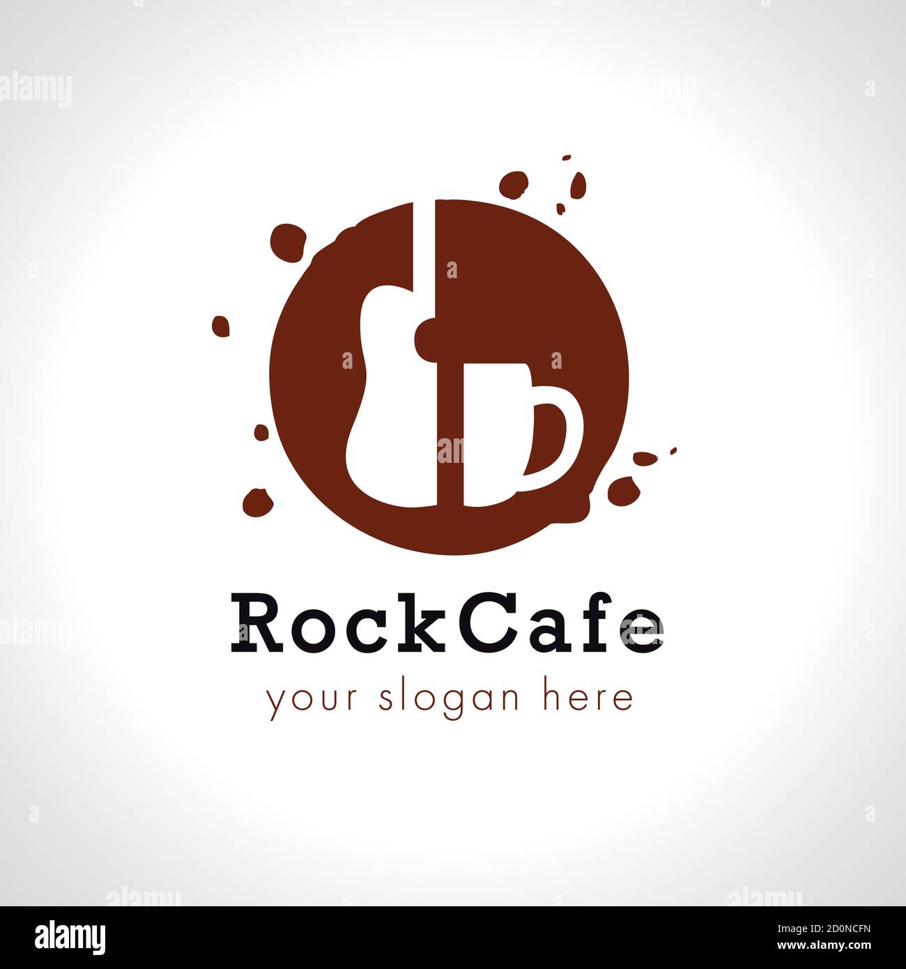 Logo del marchio Rock Cafe. Grunge guitar - tazza di caffè in cerchio. Simbolo rotondo del vettore musicale. Gocce di bevanda spruzzi o imitazioni della forma del colpo di pennello. Arte Illustrazione Vettoriale