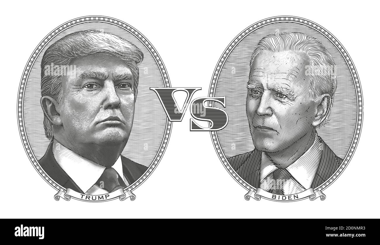 Donald Trump vs Joe Biden. Dibattito tra il presidente in carica degli Stati Uniti e il suo rivale elettorale del 2020. Ritratti vettoriali di politici.stile vintage. Illustrazione Vettoriale