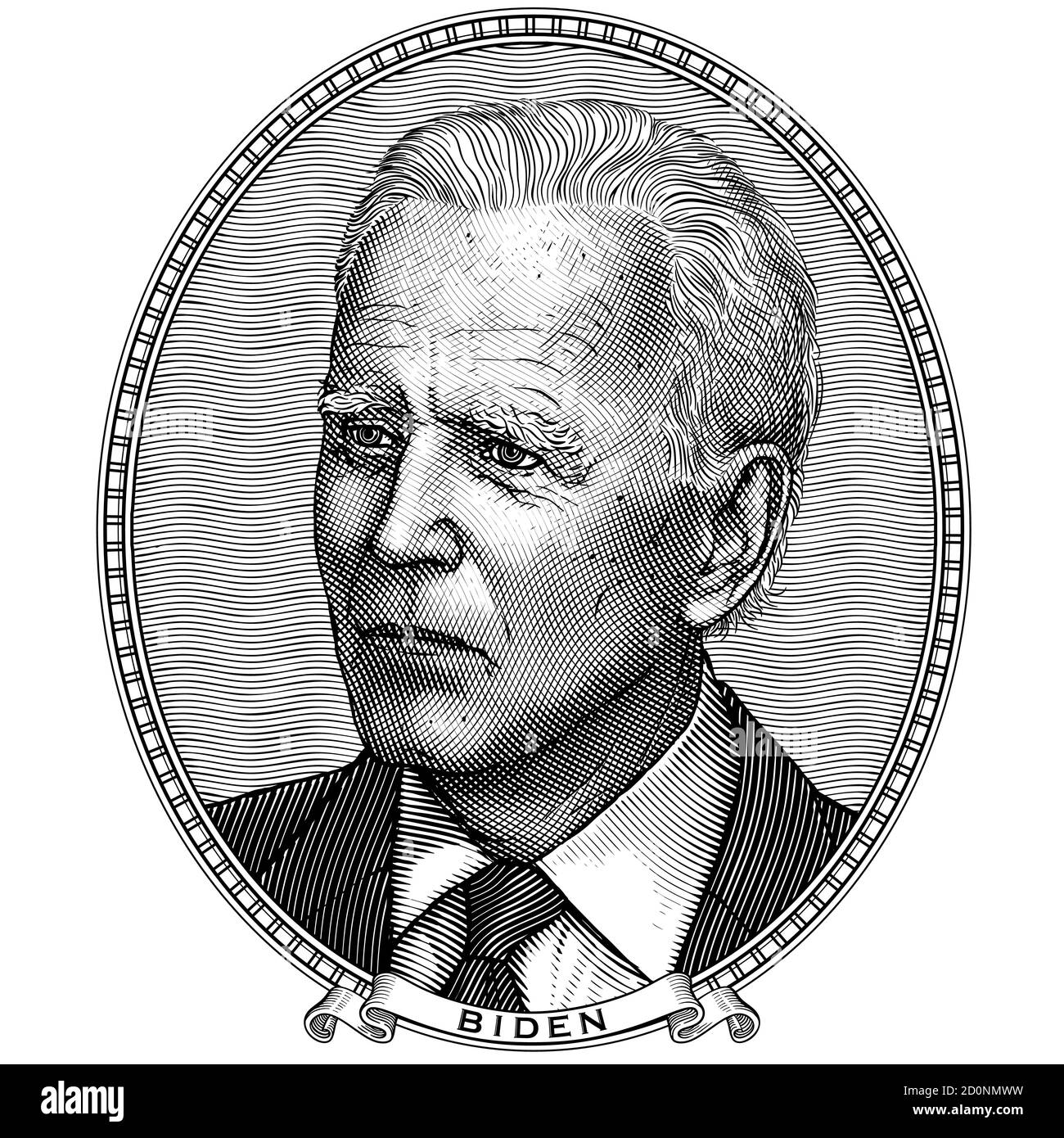 Joe Biden. Incisione vettoriale in stile vintage. Ritratto ovale del candidato presidenziale democratico per le elezioni negli Stati Uniti. Stampa e adesivo. Illustrazione Vettoriale