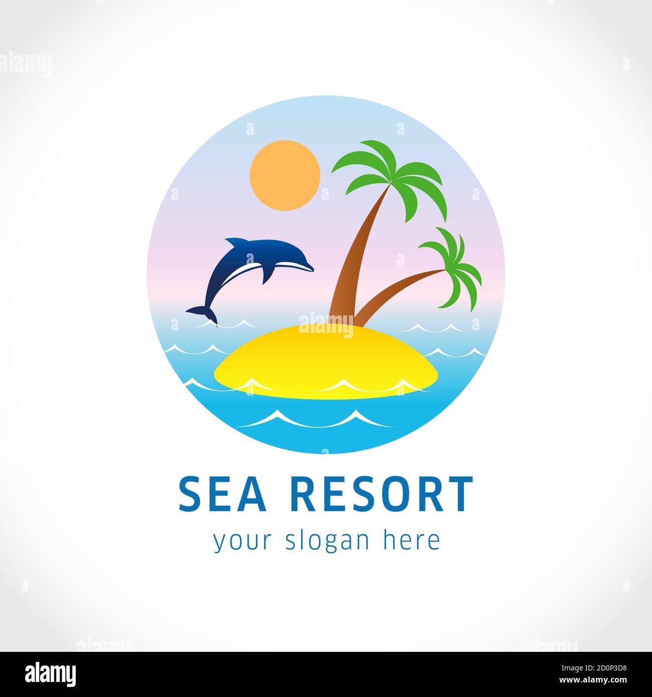 Delfino che salta sopra le onde. Mare, sole, isola resort con palme. Marchio di identità logo di hotel, business turistico, spa servizi di spiaggia assistenza sanitaria Illustrazione Vettoriale