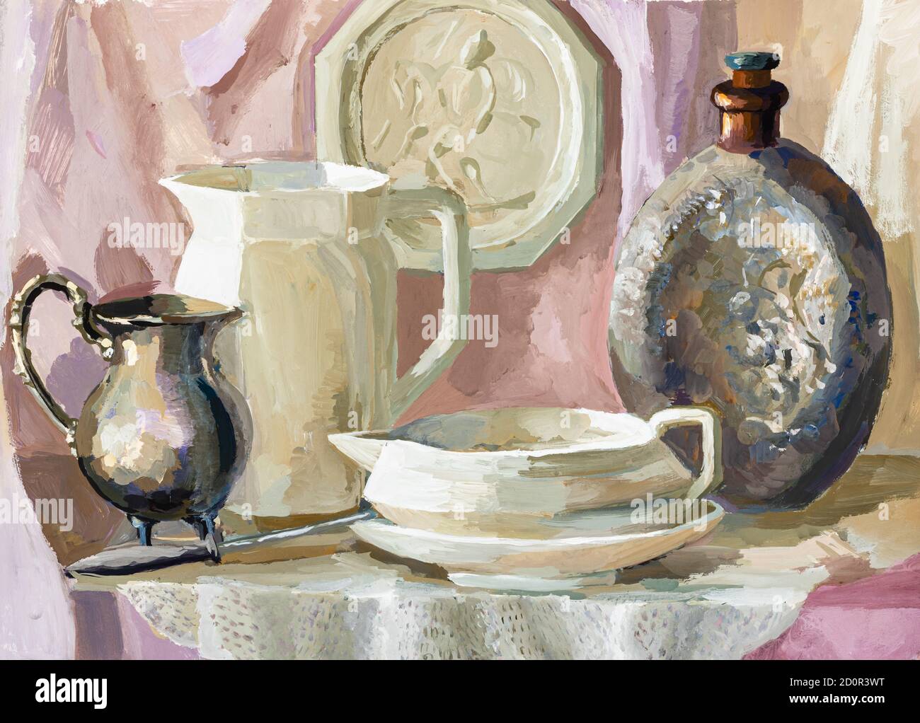 crema e rosa still-life con stoviglie disegnate a mano da tempera on white paper Foto Stock