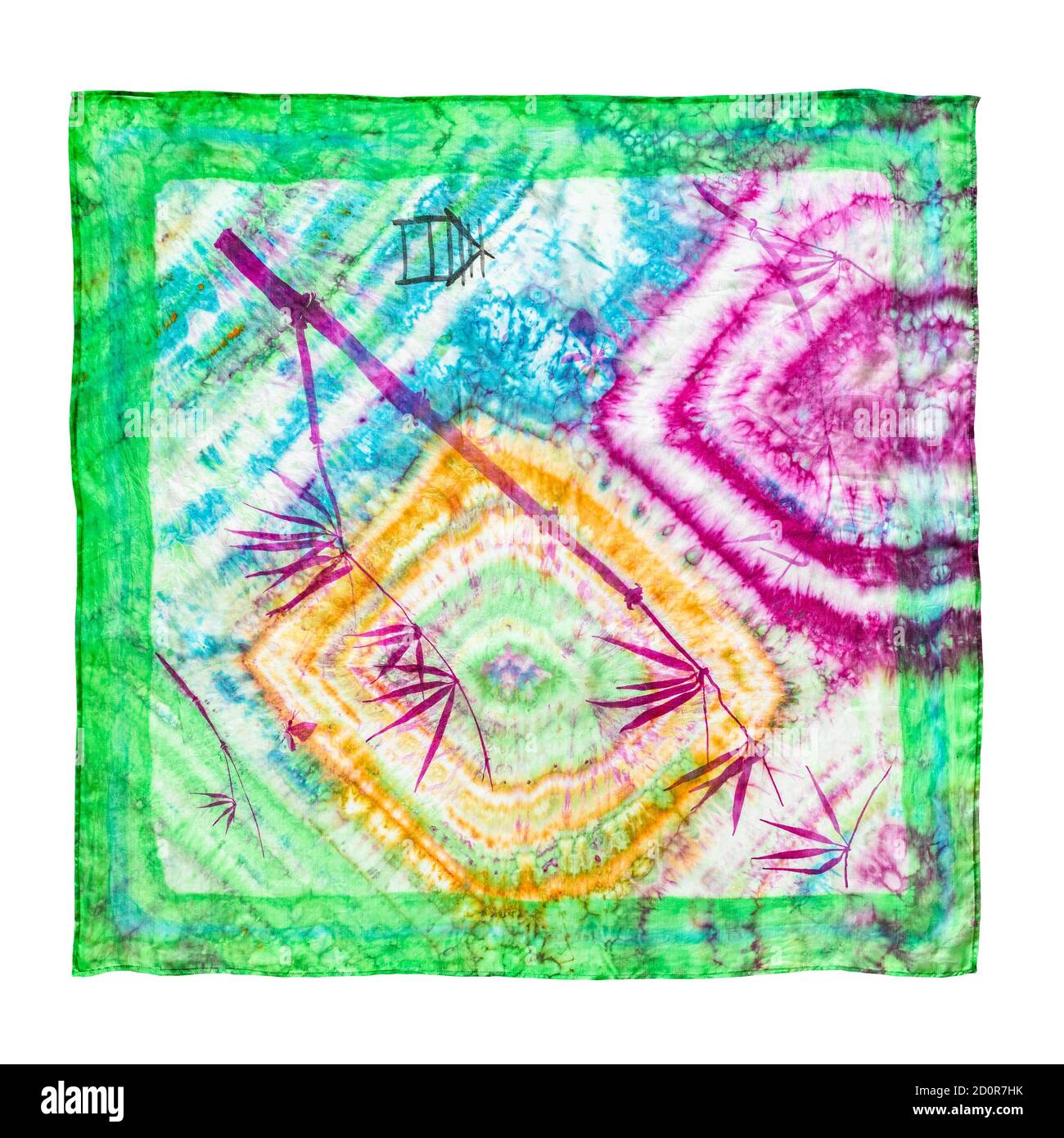 sciarpa colorata in seta batik con ramoscello di bambù disegnato a mano isolato su sfondo bianco Foto Stock