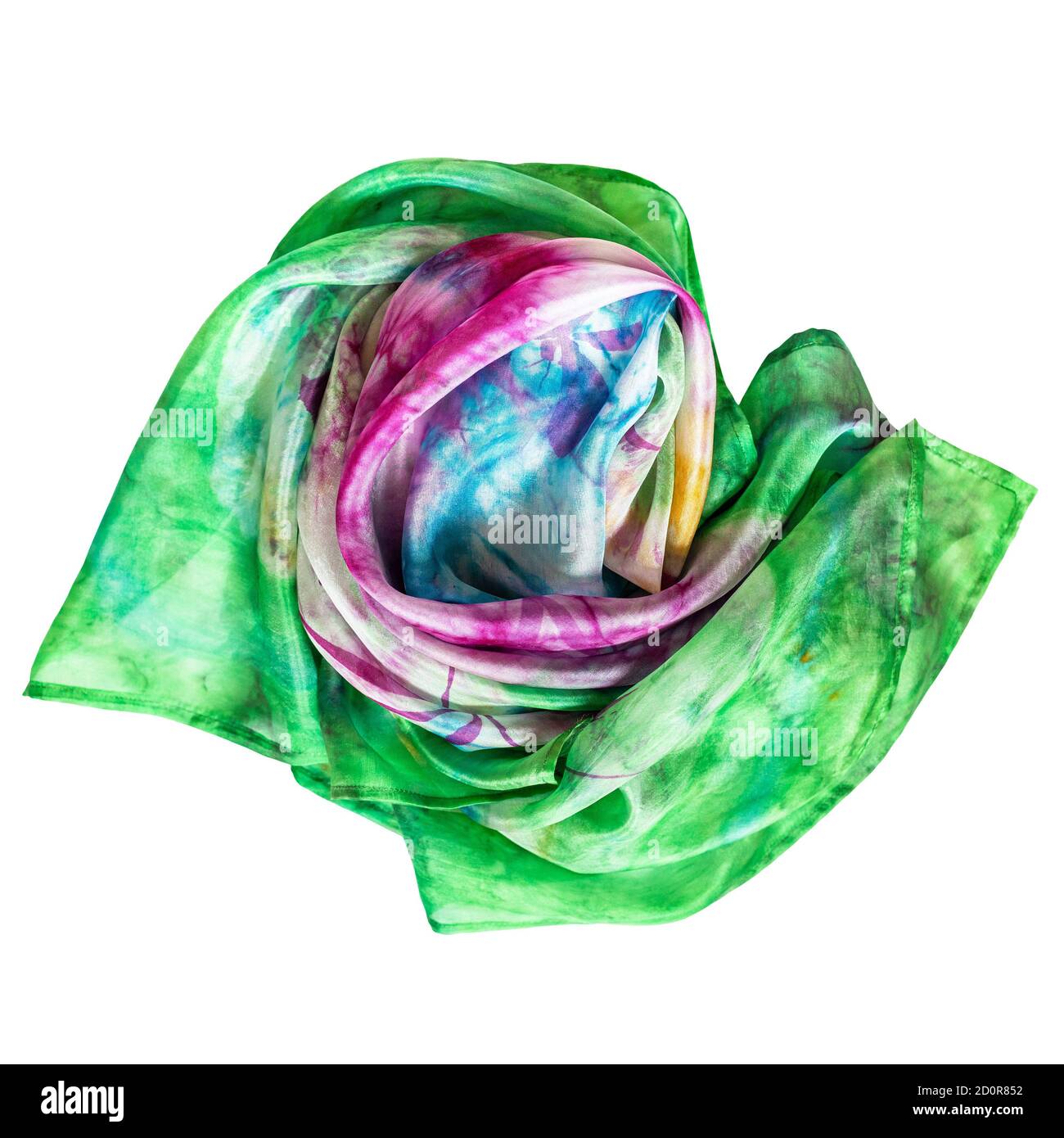sciarpa in seta batik multicolore avvolta isolata su sfondo bianco Foto Stock