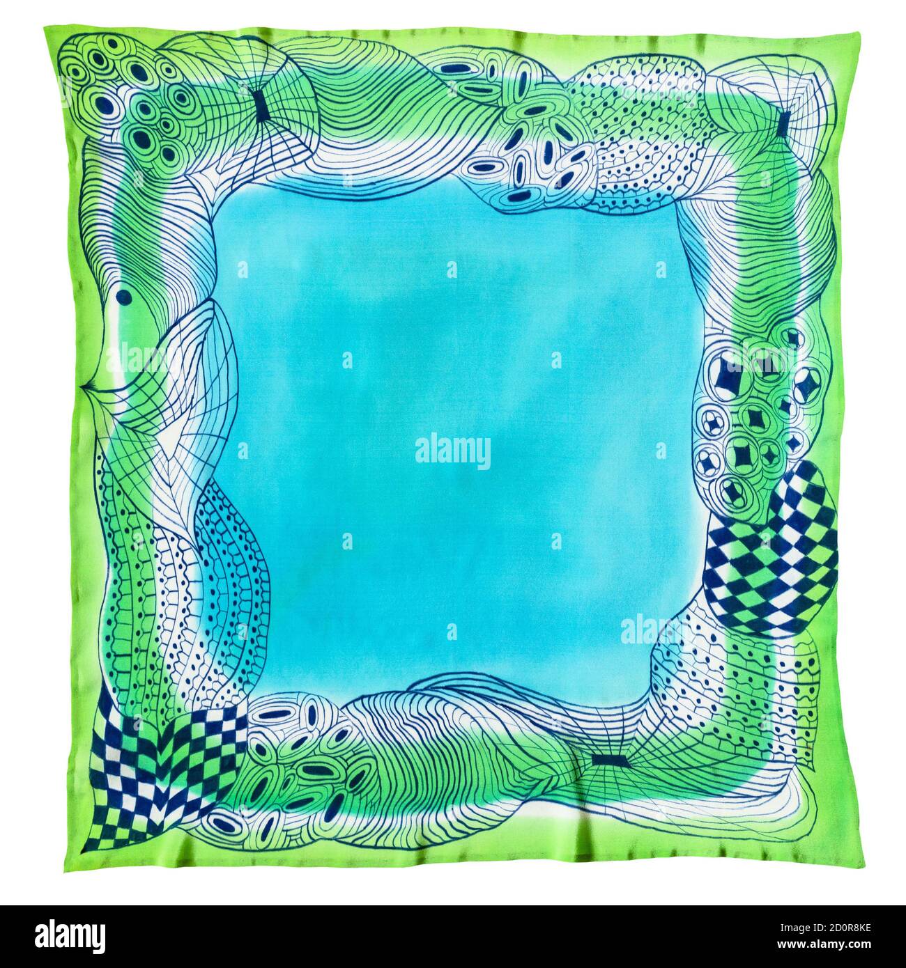 sciarpa in seta dipinta a mano blu e verde con disegno astratto isolato su sfondo bianco Foto Stock