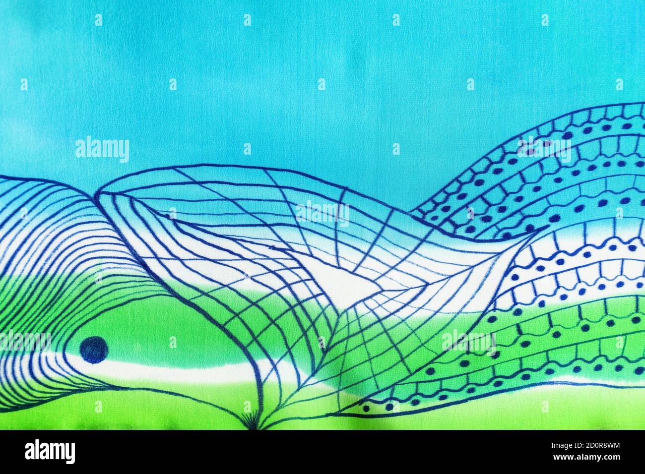 fondo tessile - particolare di seta dipinta a mano blu e verde sciarpa con motivo astratto Foto Stock