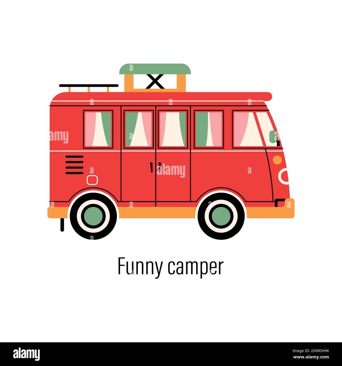 Camper colorato. Auto di intrattenimento. Casa mobile per attività ricreative fuori città e attività ricreative all'aperto. Illustrazione vettoriale su sfondo isolato Illustrazione Vettoriale