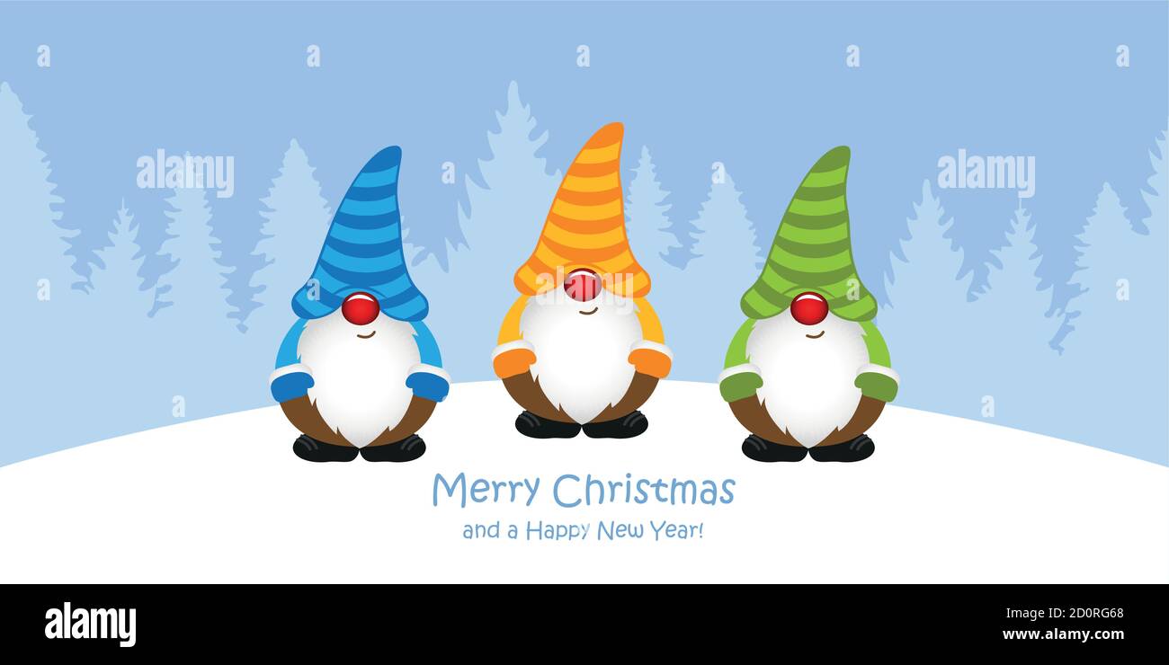 carino biglietto d'auguri di natale con gnome sul paesaggio di foresta innevata Illustrazione vettoriale EPS10 Illustrazione Vettoriale