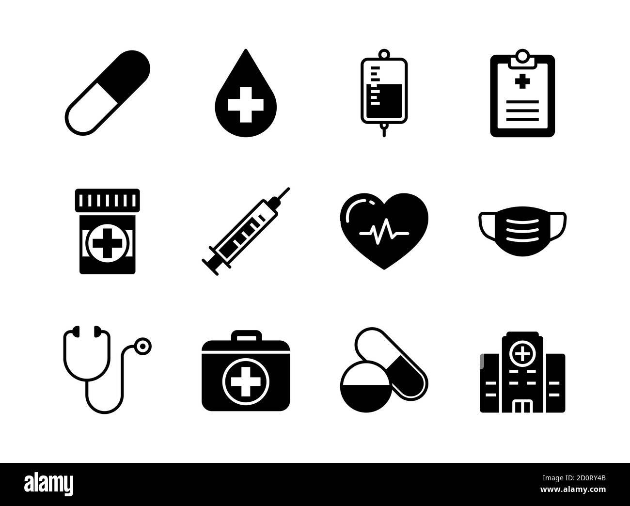 Stile glifo dell'insieme di icone medico e sanitario. Simboli per sito Web, stampa, rivista, app e design. Illustrazione Vettoriale