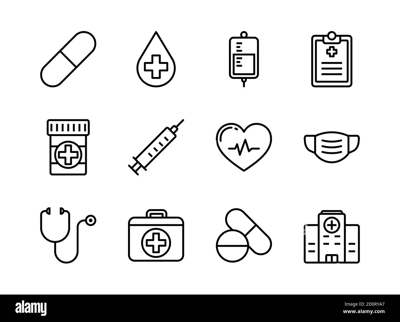 Stile del set di icone medico e sanitario. Simboli per sito Web, stampa, rivista, app e design. Illustrazione Vettoriale