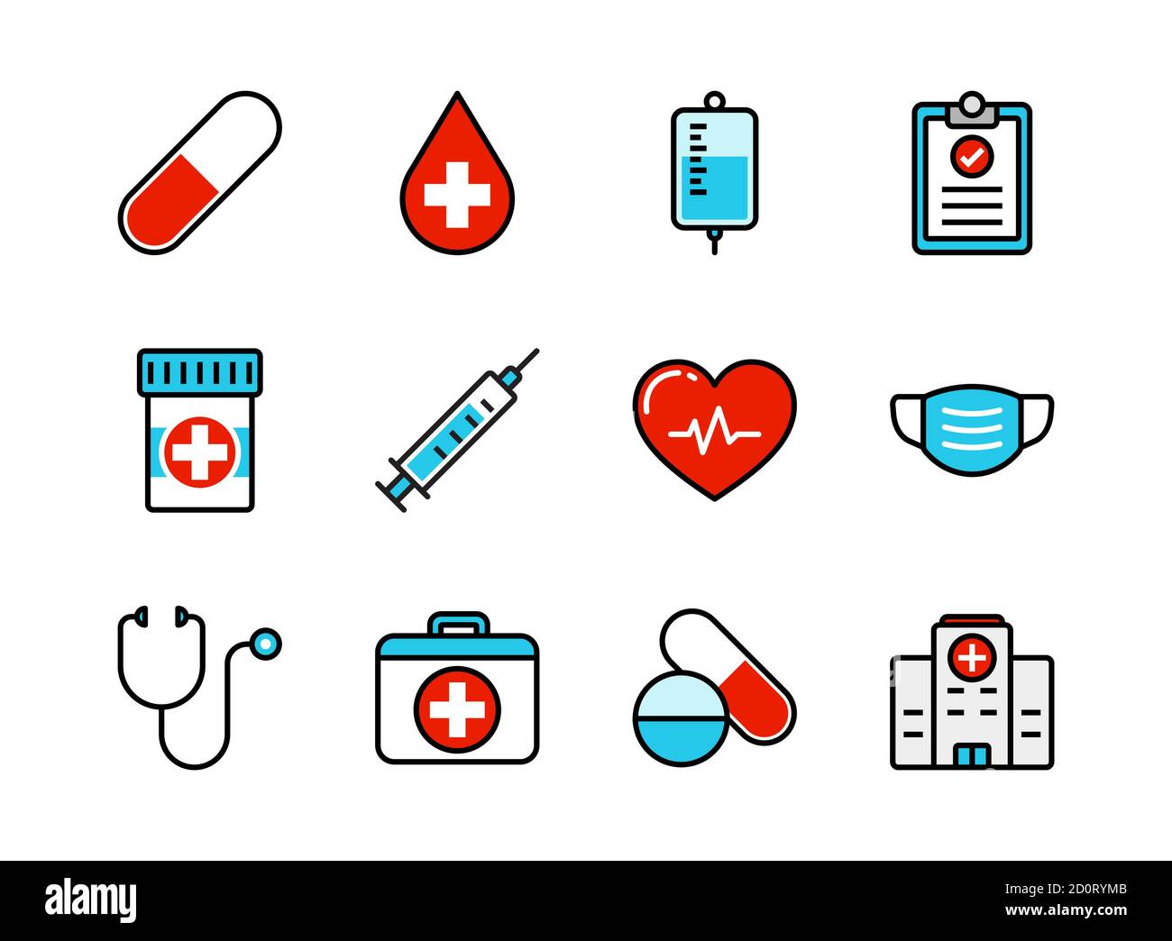 Set di icone per il settore medico e sanitario stile della linea di colore. Simboli per sito Web, stampa, rivista, app e design. Illustrazione Vettoriale