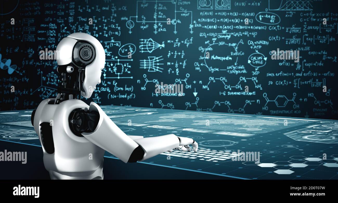 Robot umanoide utilizzare il laptop e sedersi a tavola per la scienza ingegneristica che studia utilizzando il cervello pensiero intelligenza artificiale, l'intelligenza artificiale e l'apprendimento automatico Foto Stock