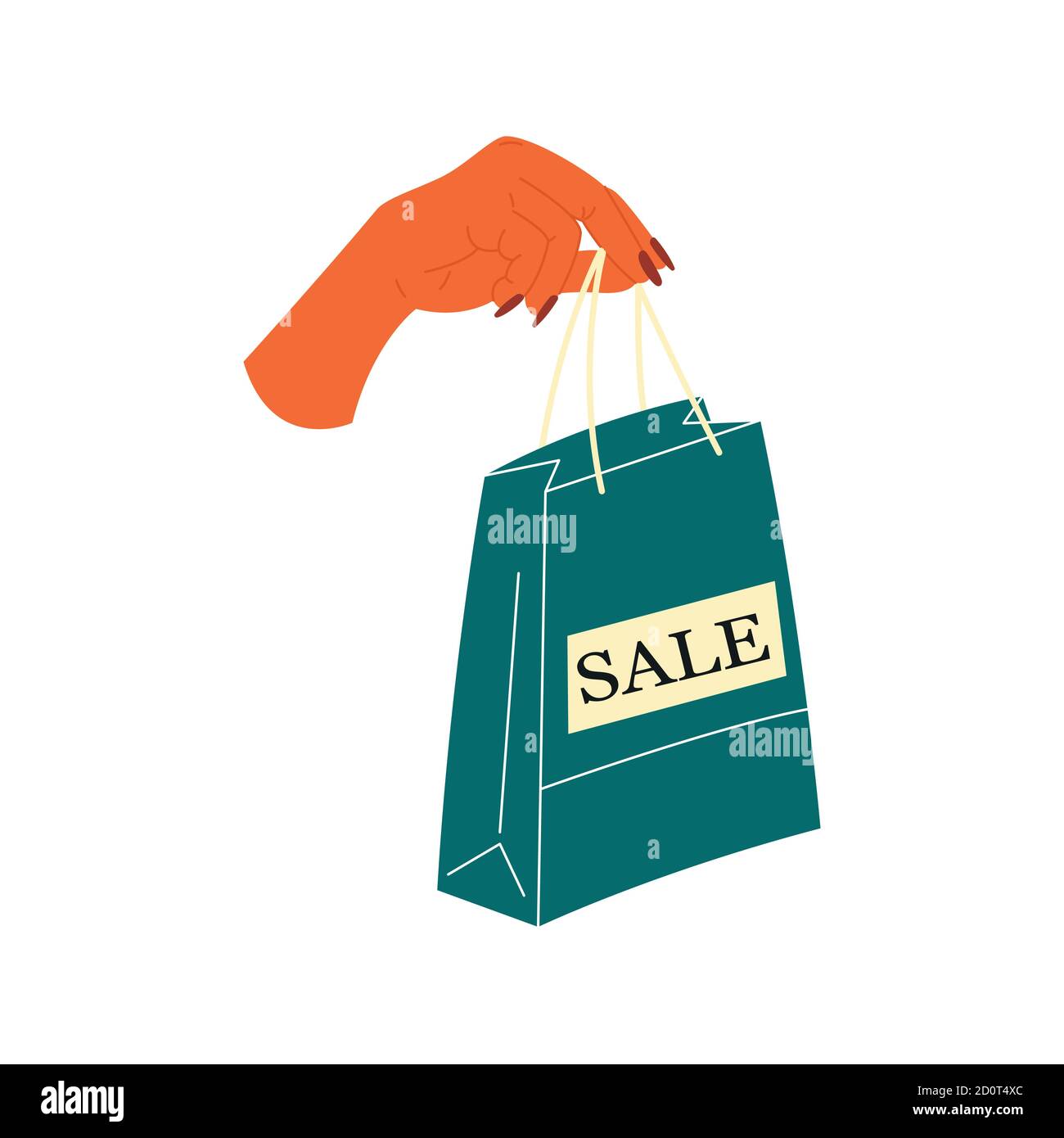 La mano femminile tiene gli acquisti o i regali. Cartello di vendita. Borsa per la spesa, regali. Illustrazione vettoriale disegnata a mano. Shopping, sconti, concetto di vendita Illustrazione Vettoriale
