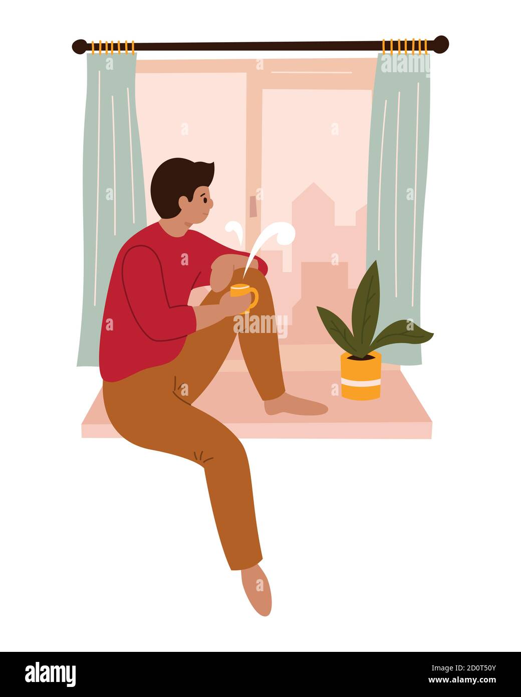 Un giovane guarda attraverso la finestra mentre si siede sul davanzale a casa. Illustrazione vettoriale a colori disegnata a mano. Quarantena. Coronavirus Illustrazione Vettoriale