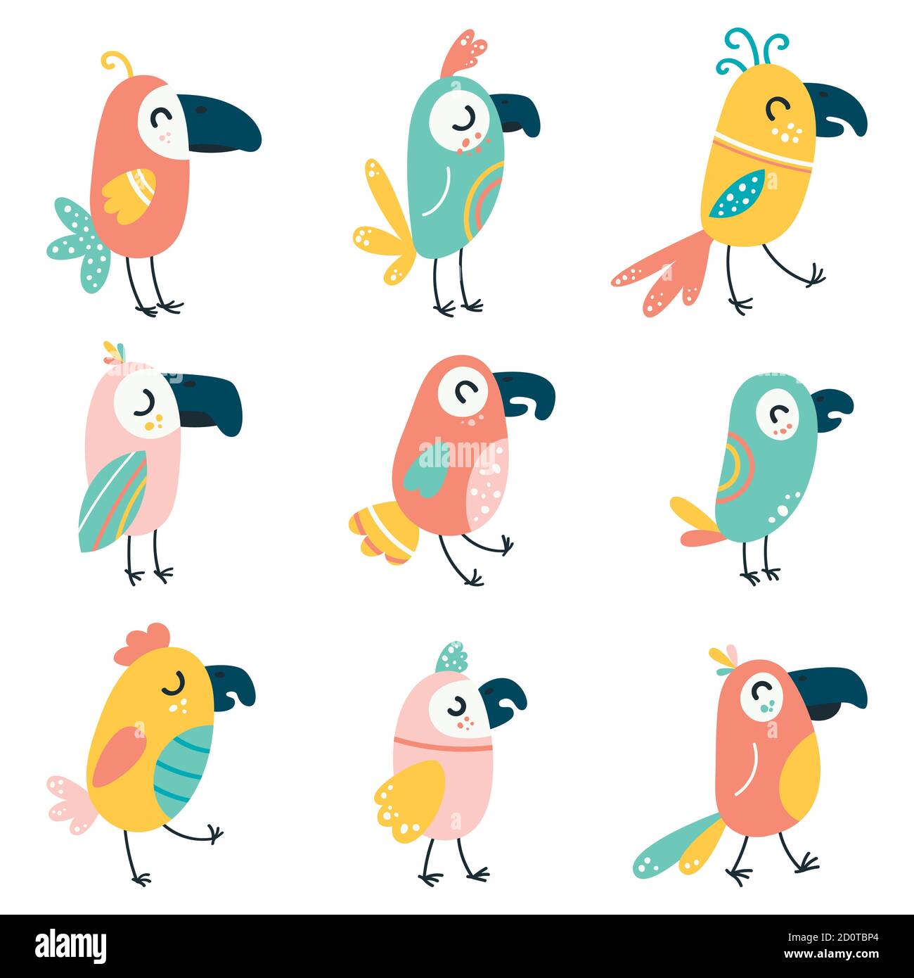 Set di cartoni animati bellissimi pappagalli e uccelli selvatici. Divertenti pappagalli di macaw del bambino. Illustrazione vettoriale su sfondo bianco isolato Illustrazione Vettoriale