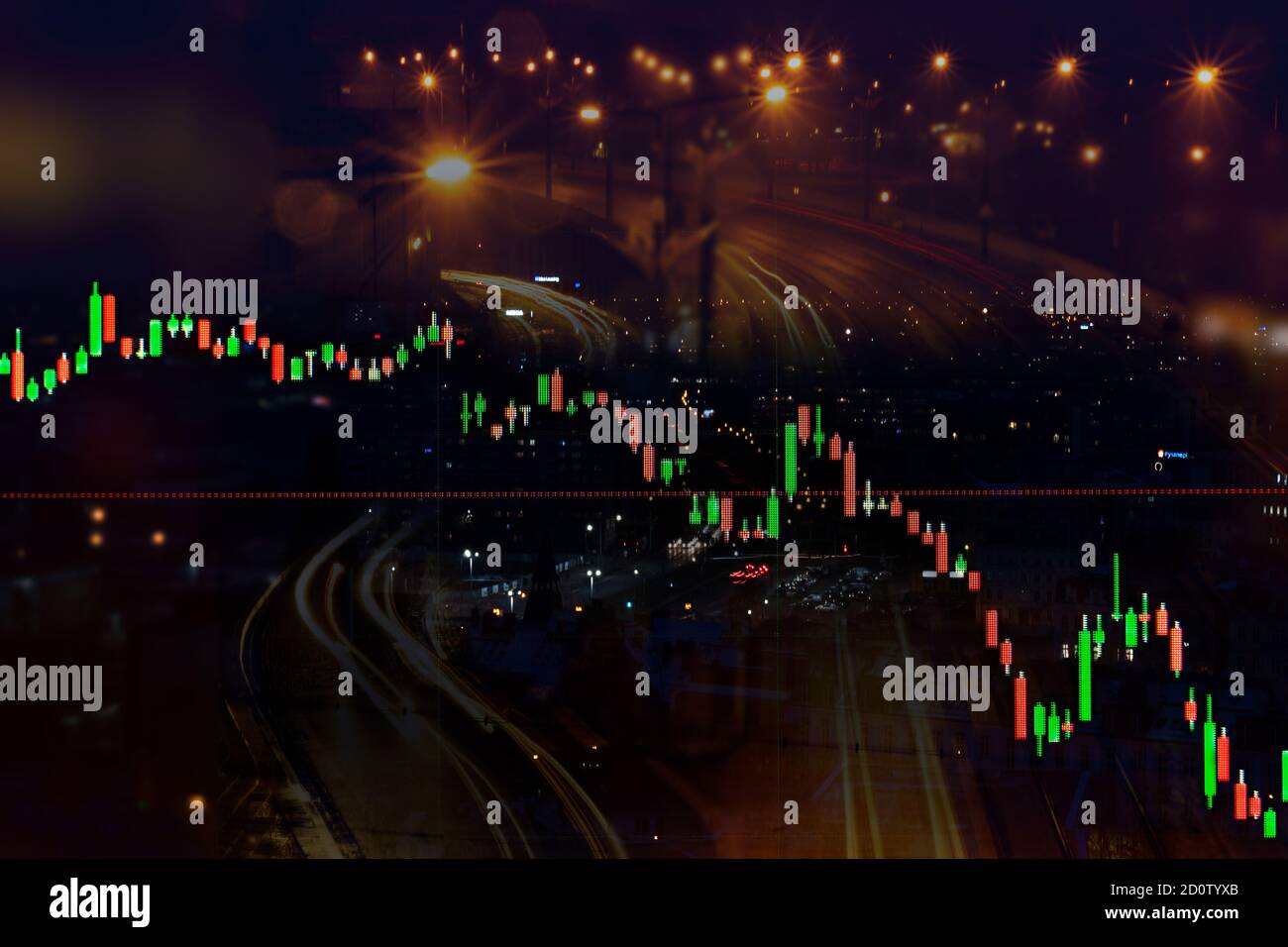 candela bastone caduta grafico linea di commercio stock informazioni su offuscare lo sfondo aziendale della città Foto Stock