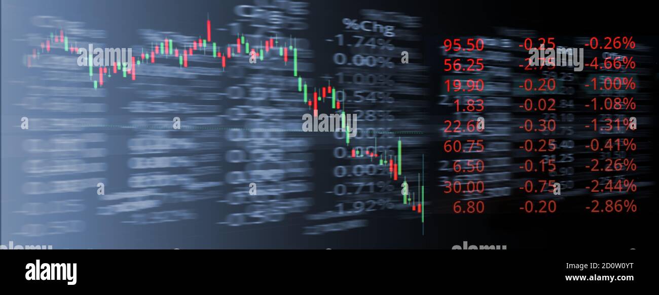 grafico e numero dell'indice di borsa di mercato in calo rosso la tecnologia digitale blu nero sfocia il business banner line chiaro sfondo Foto Stock