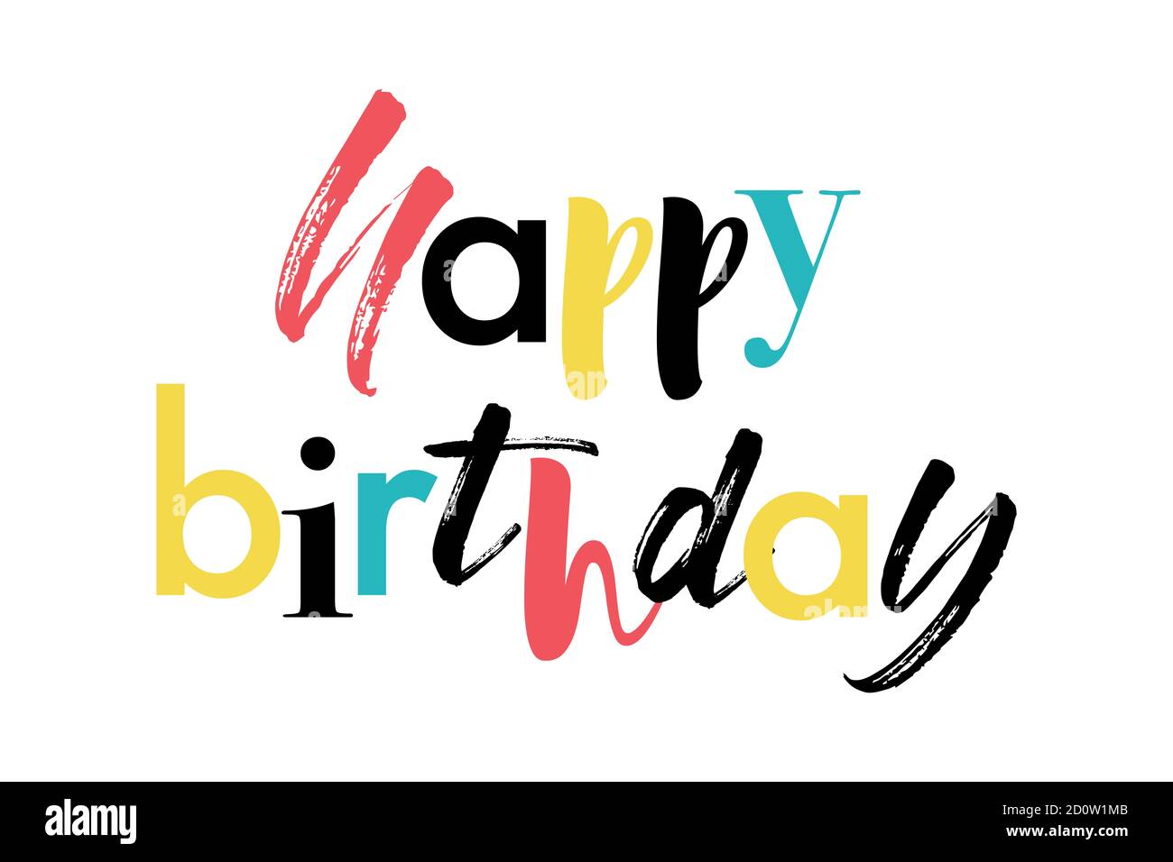 Design grafico moderno, divertente e colorato di un detto 'Happy Birthday' nei colori rosso, giallo, blu e nero. Tipografia creativa. Foto Stock