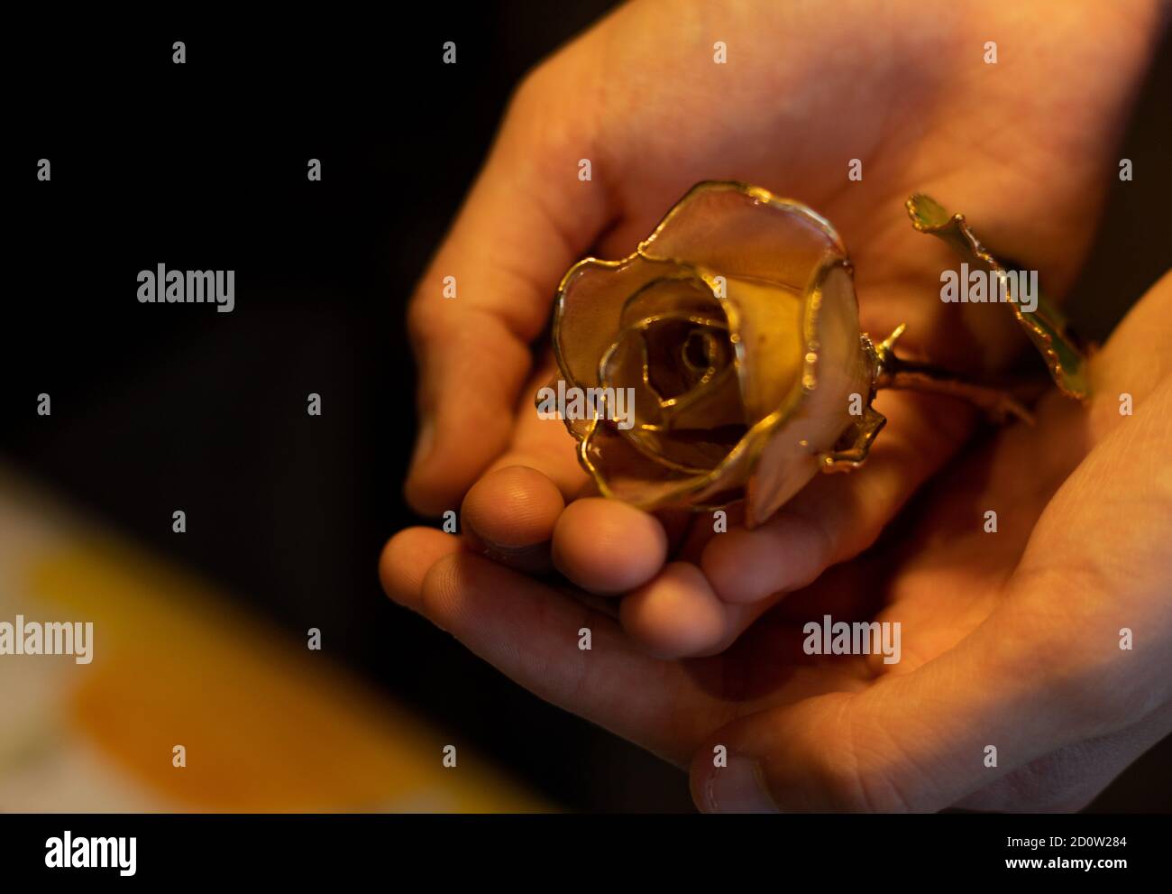 mani che offrono illuminato con una rosa in ceramica come un'offerta Foto Stock