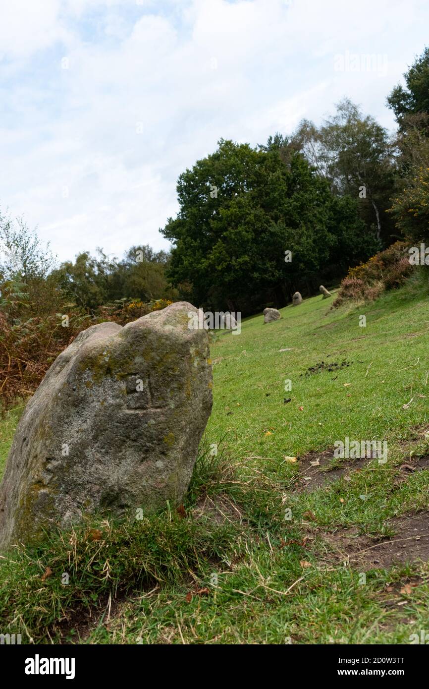 Il Nine Ladies Stone Circle nel Peak District National Park, Inghilterra, Regno Unito Foto Stock