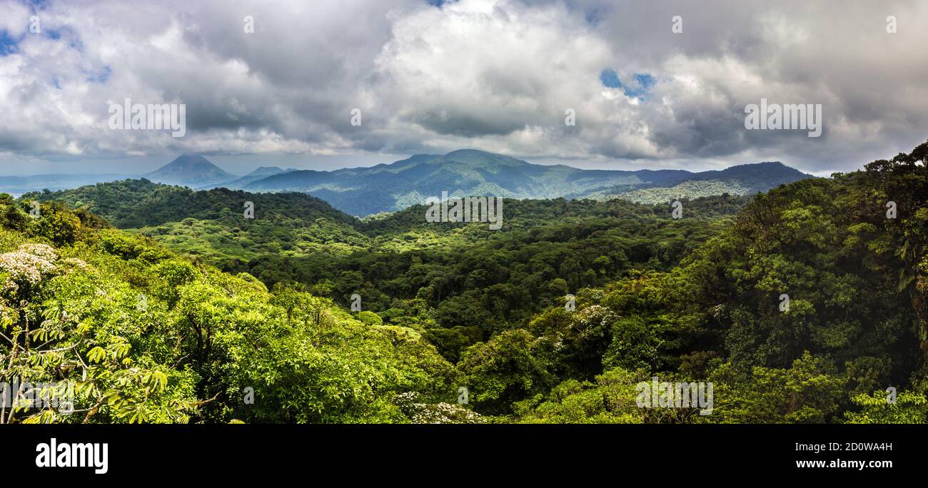 Una foto panoramica attraverso la cima della foresta pluviale, dalla riserva di Santa Elena al Vulcano Arenal. Foto Stock