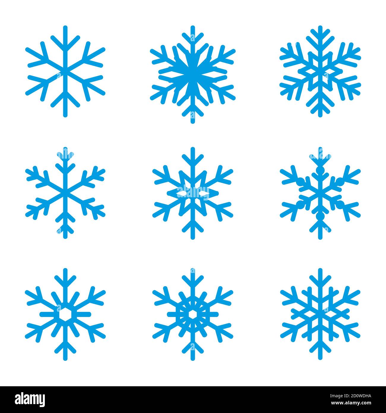 Set di fiocchi di neve piatti su sfondo bianco. Icone di neve piatta, silhouette. Set decorativo di elementi di vari fiocchi di neve invernali Illustrazione Vettoriale