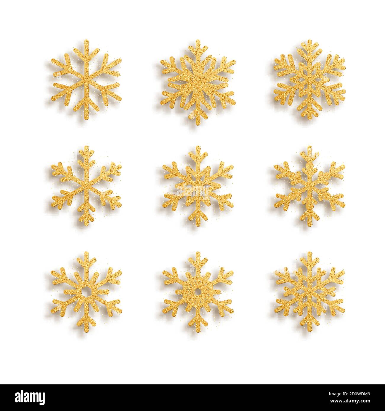Set di fiocchi di neve dorati su sfondo bianco. Collezione decorativa di lusso di elementi con glitter per biglietti d'auguri per il nuovo anno e il Natale Illustrazione Vettoriale