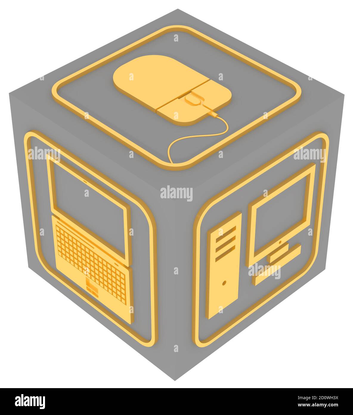 Cubo con simboli di di apparecchiature informatiche. Un cubo grigio con simboli dorati di computer isolati su sfondo bianco. Illustrazione 3D Foto Stock