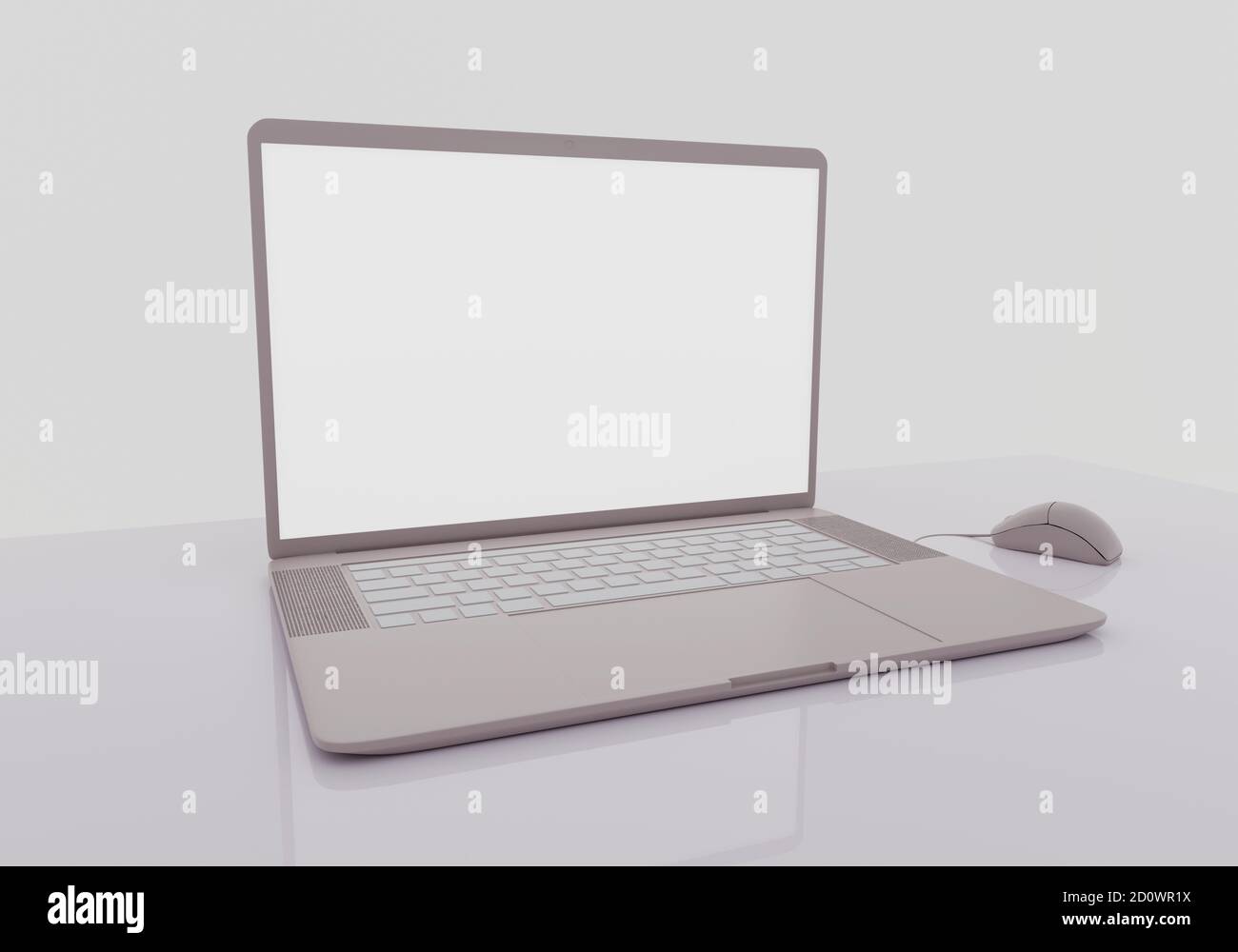 laptop sul tavolo grigio riflettente, monitor mockup, concetto di lavoro a casa, ambiente di lavoro, rendering 3d Foto Stock