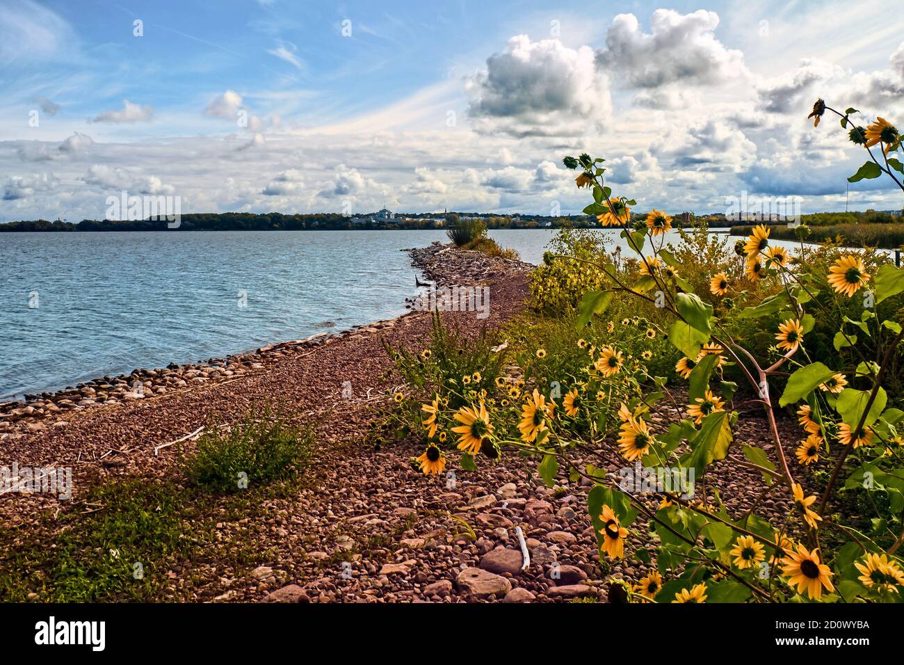 Vista dall'Onondaga Lake West Trail a Geddes, New York con la città di Siracusa in lontananza Foto Stock