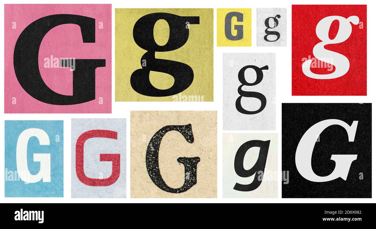 Carta tagliata lettera G. collage di ritagli di giornale. Creazione di album e creazione di oggetti Foto Stock