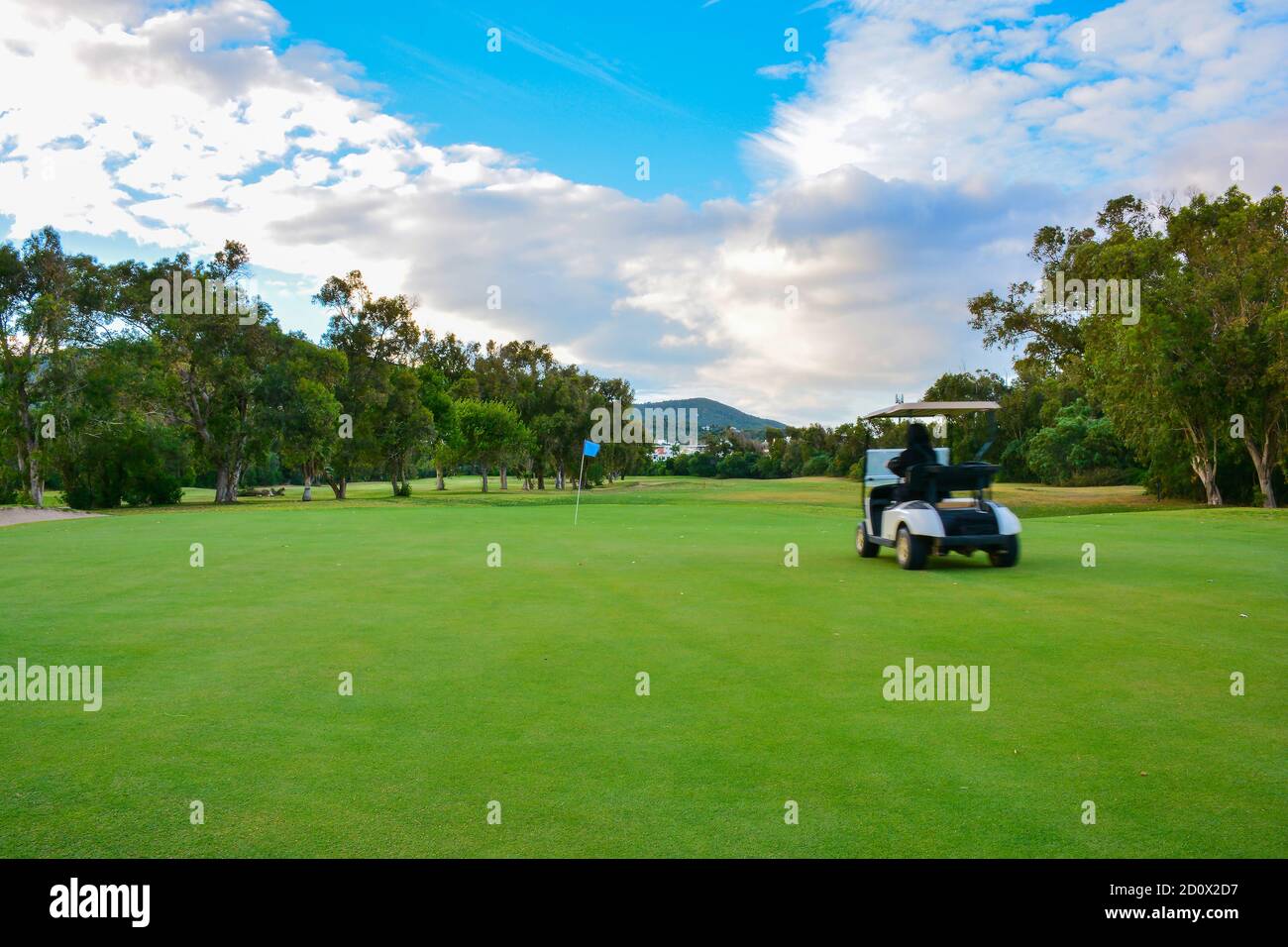 Golf cart su un campo da golf. Campo verde e cielo blu nuvoloso. Paesaggio primaverile con erba e alberi. Foto Stock