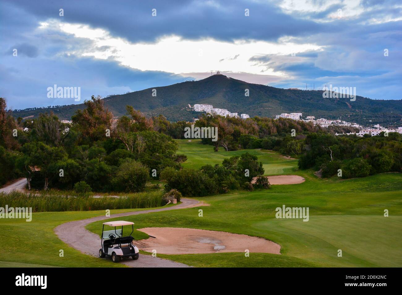 Golf cart su un campo da golf. Campo verde e cielo blu nuvoloso. Paesaggio primaverile con erba e alberi. Foto Stock