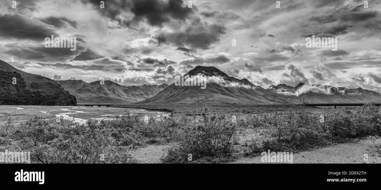 Denali National Park montagne vista panoramica in drammatico bianco e nero, Alaska Foto Stock