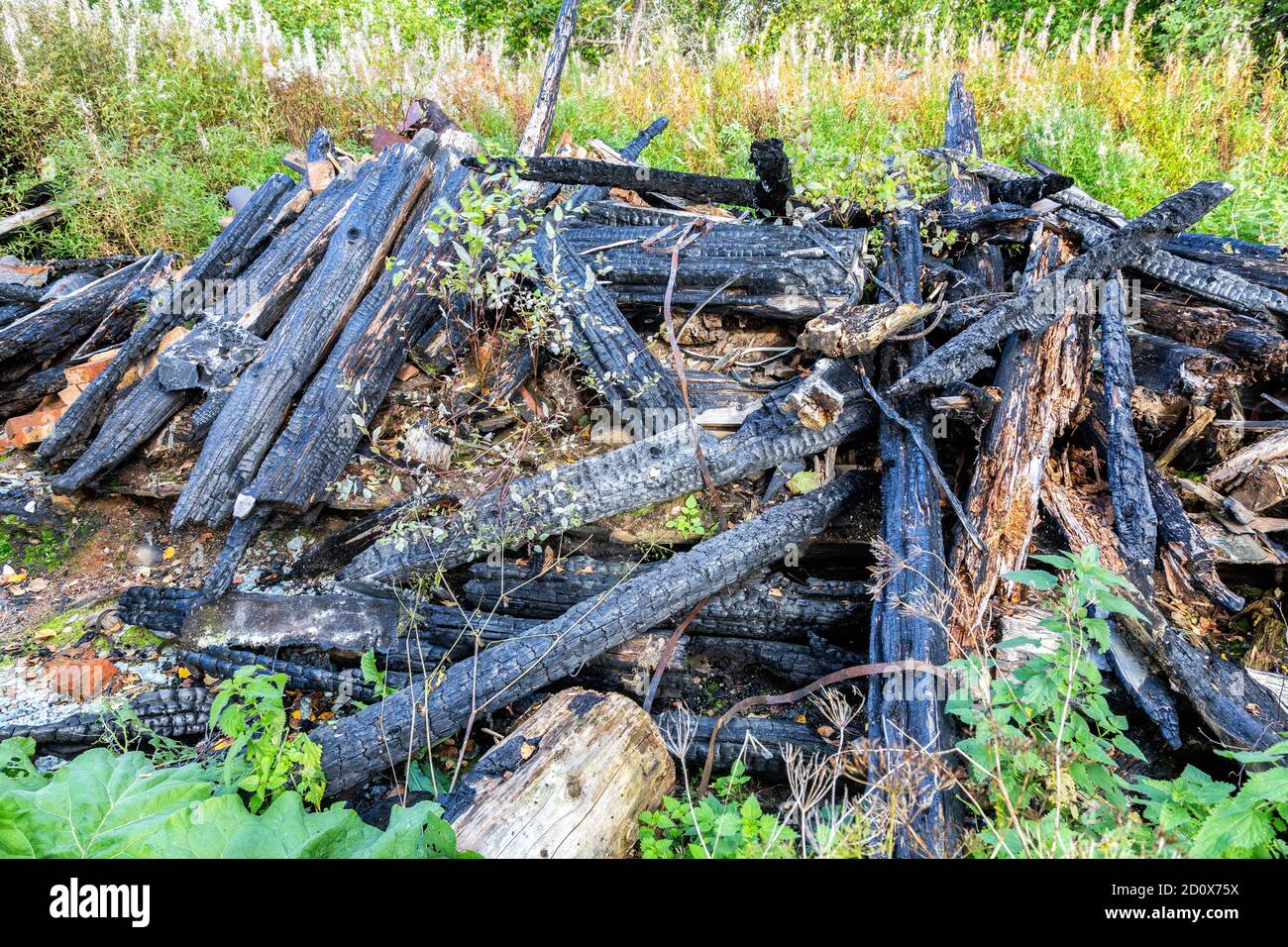 Casa di legno bruciato in villaggio in estate Foto Stock