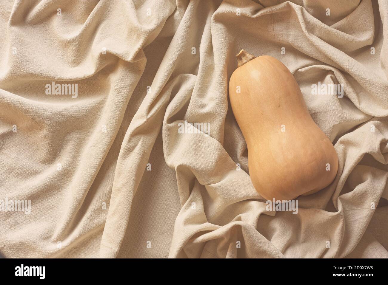 Zucca d'oro su sfondo di lino per un design decorativo. Modello biglietto di auguri. Raccolta e ringraziamento. Minimalismo della vita still. Foto Stock