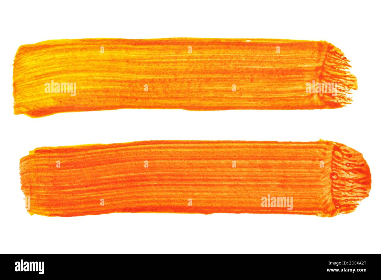 Due pennellate di colore arancione brillante isolate sul bianco sfondo Foto Stock