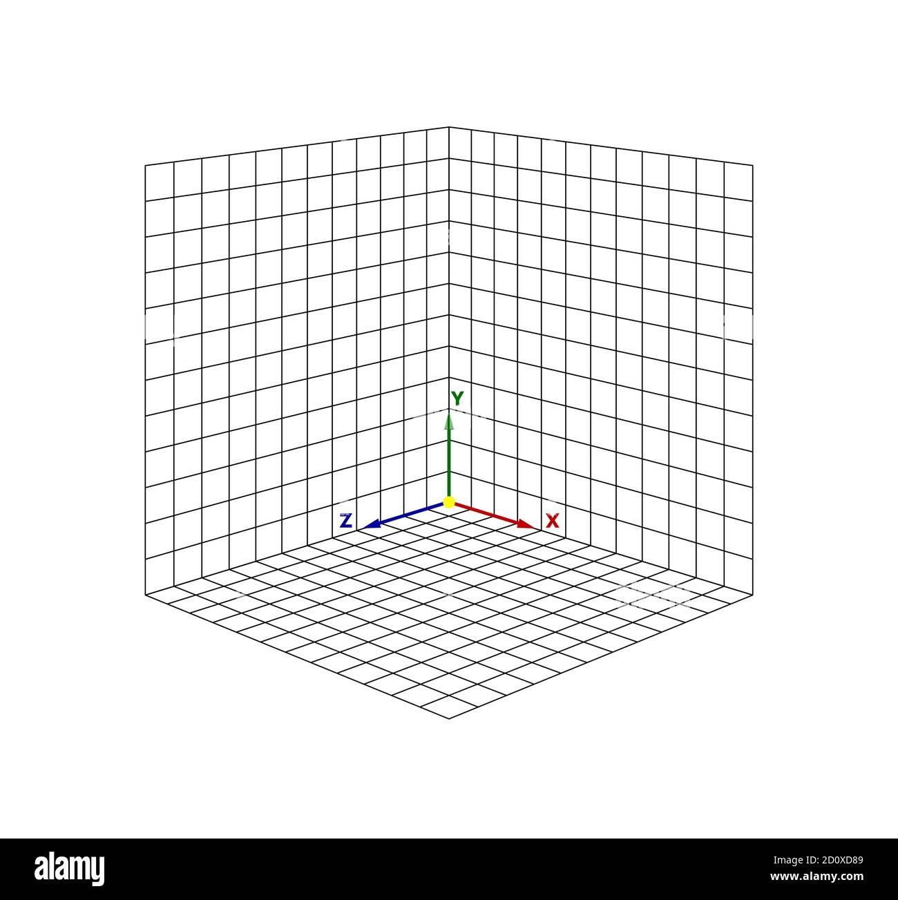 Griglia prospettiva cubo tridimensionale. Proiezione di forme solide isometriche vettoriali. Geometria e schema algebra. Grafico a punti del foglio di lavoro vuoto. Figura i Illustrazione Vettoriale