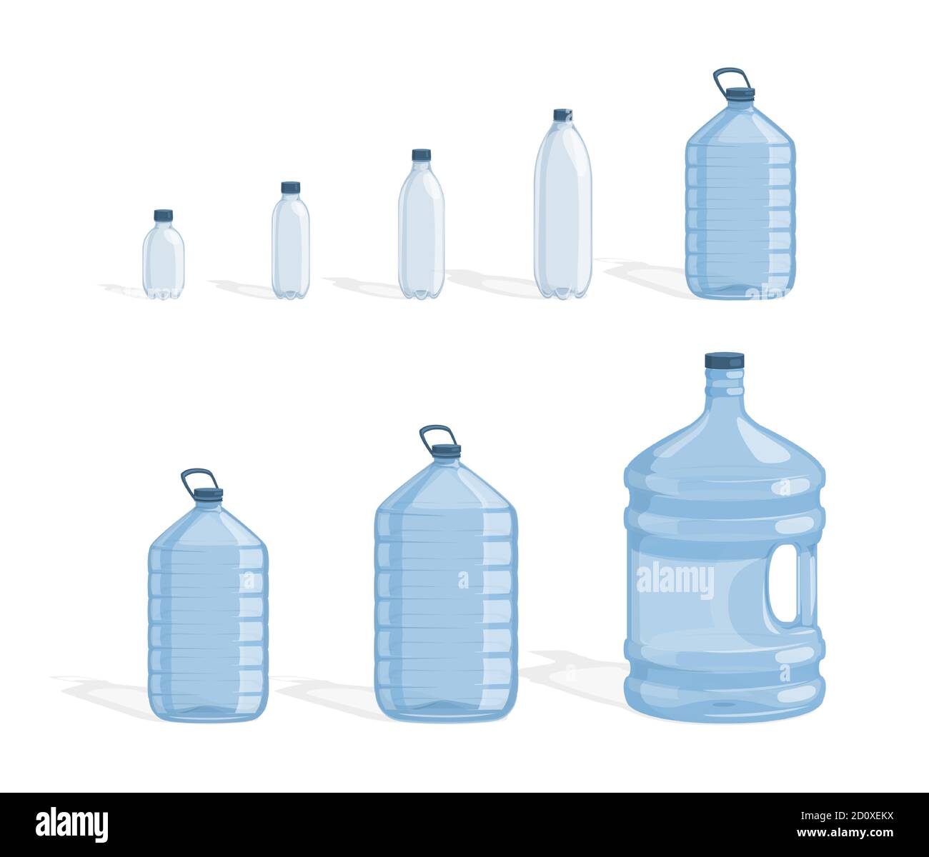 Set di flaconi in plastica per immagini piatte vettoriali di acqua pulita e fresca, isolati su sfondo bianco. Bottiglie piene di acqua per uno stile di vita attivo e sano. Elementi dei flaconi di erogazione dell'acqua. Illustrazione Vettoriale