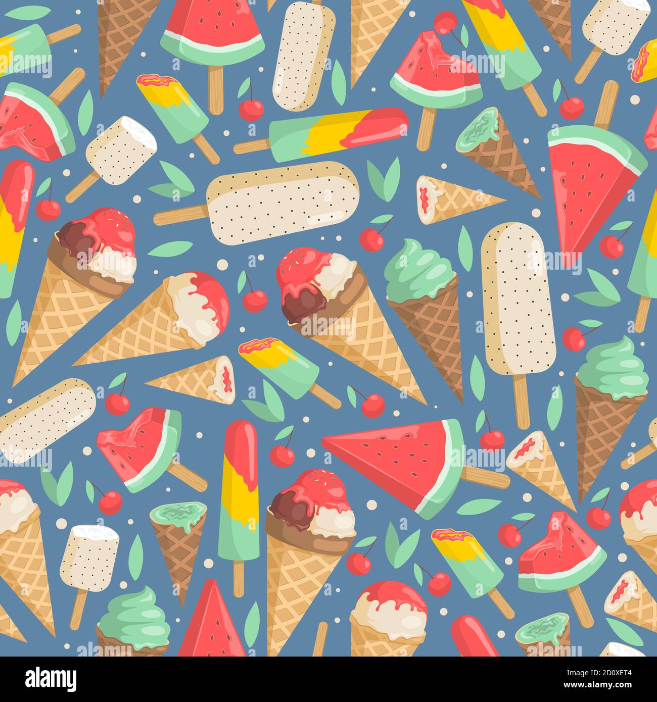 Gelato senza cuciture. Gustosi e deliziosi gelati di melone, cioccolato, vaniglia, fragola, ciliegia e pistacchio in coni di waffle su sfondo blu. Gelato vettore piano cartone animato sfondo. Illustrazione Vettoriale