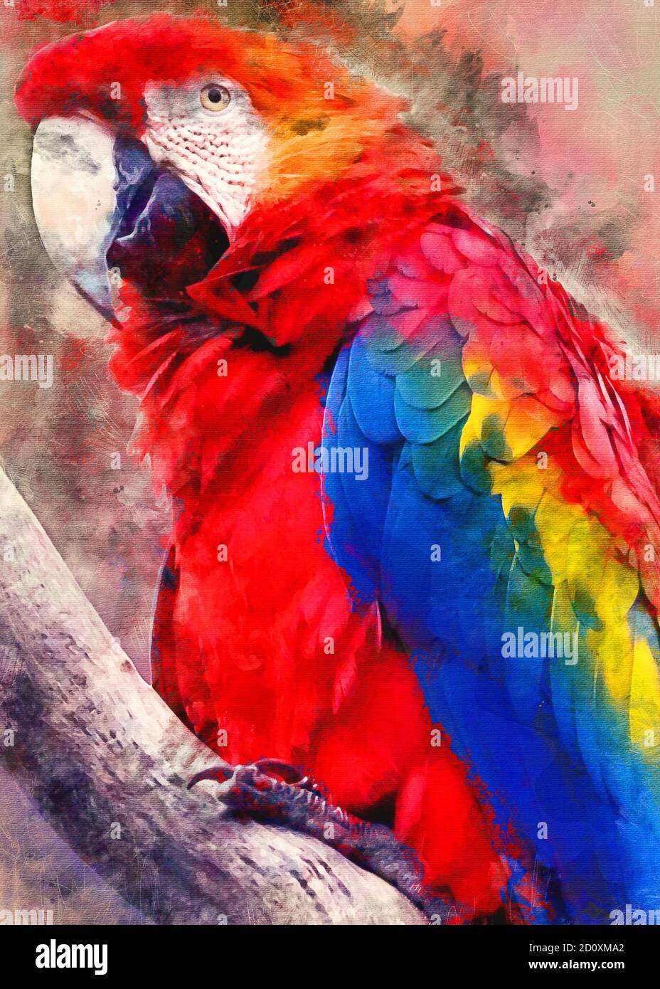 Grafica color acquerello di pappagallo rosso blu giallo Macaw Foto Stock