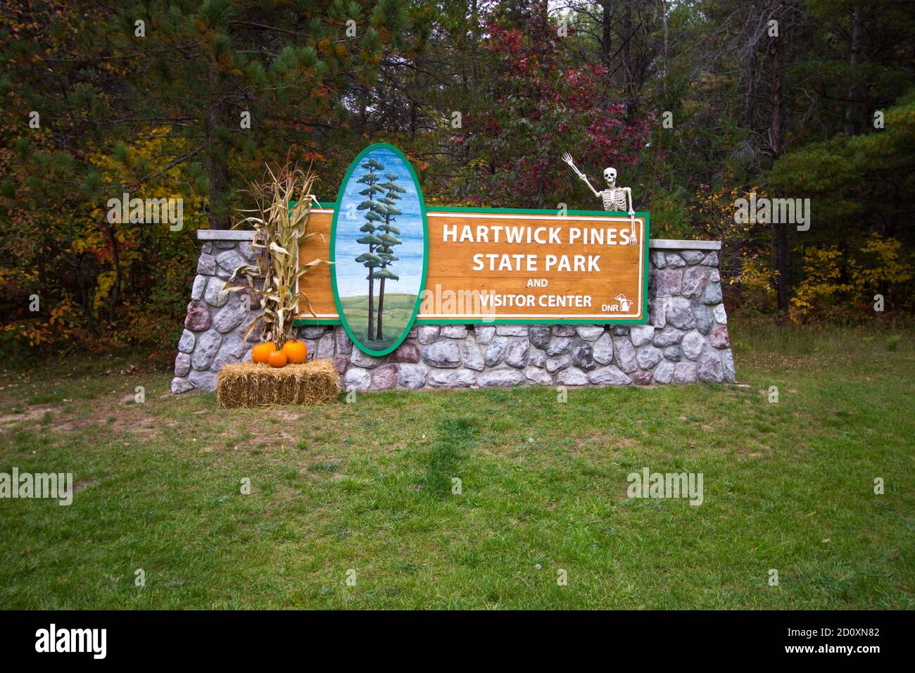 Greyling, Michigan, USA - 27 settembre 2020: Ingresso al Hartwick Pines state Park, decorato per l'annuale Harvest Festival e per la celebrità di Halloween Foto Stock